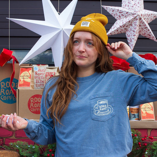 long sleeve blue shirt with logo coffee cup