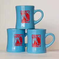 three sky blue lobster mugs
